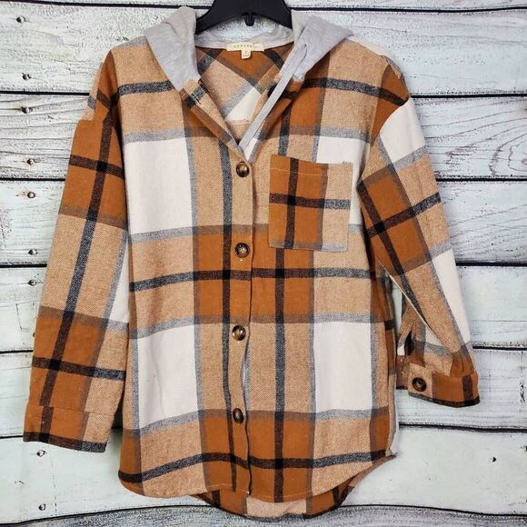 Reborn J Women’s Plaid Button Front Hoodie Flannel Shirt Jacket Size S - Picture 1 of 6